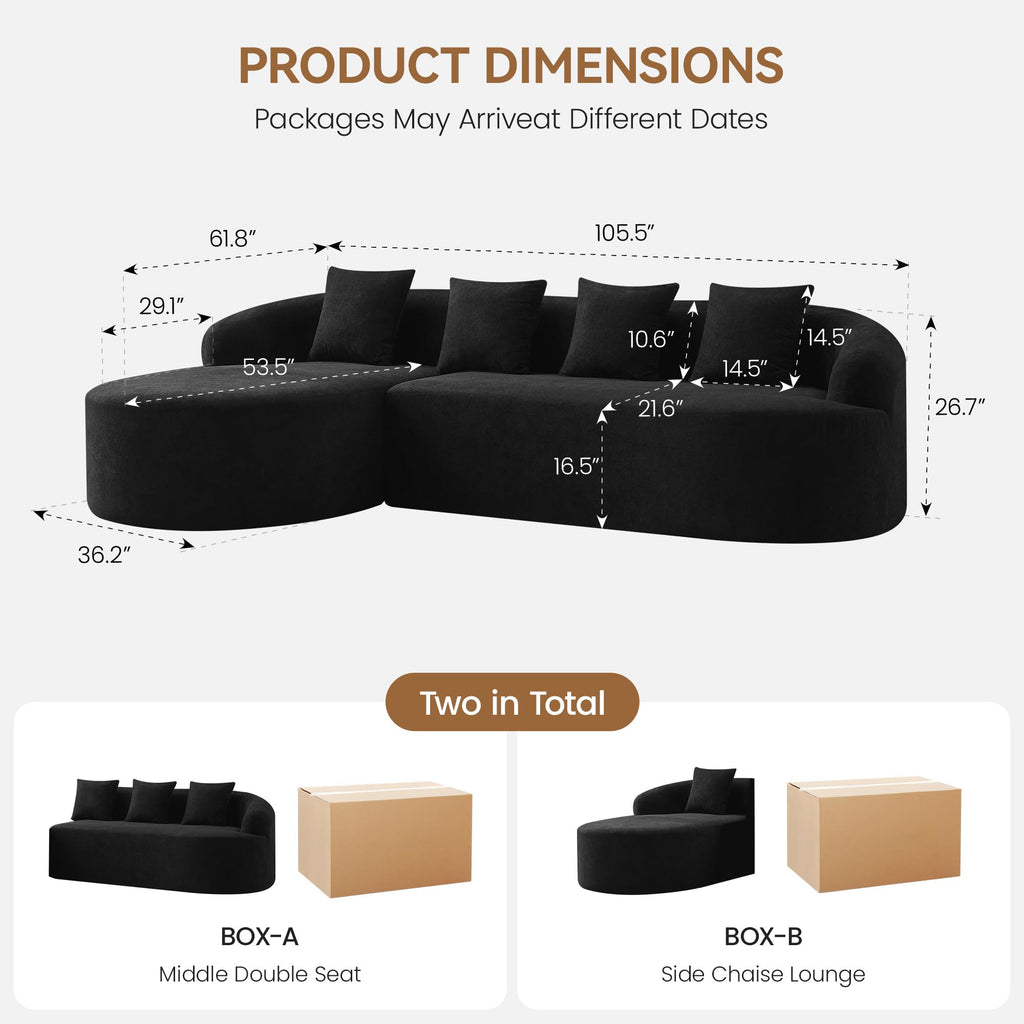 105" Boneless L Shaped Sectional Couch, Curved Cloud Deep Seat with Chaise Lounge, Oversized 4 Seater Couches, No
