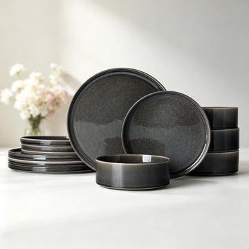 Dinnerware Sets for 4, 12 pcs Reactive Glaze Plates and Bowls Sets, Black