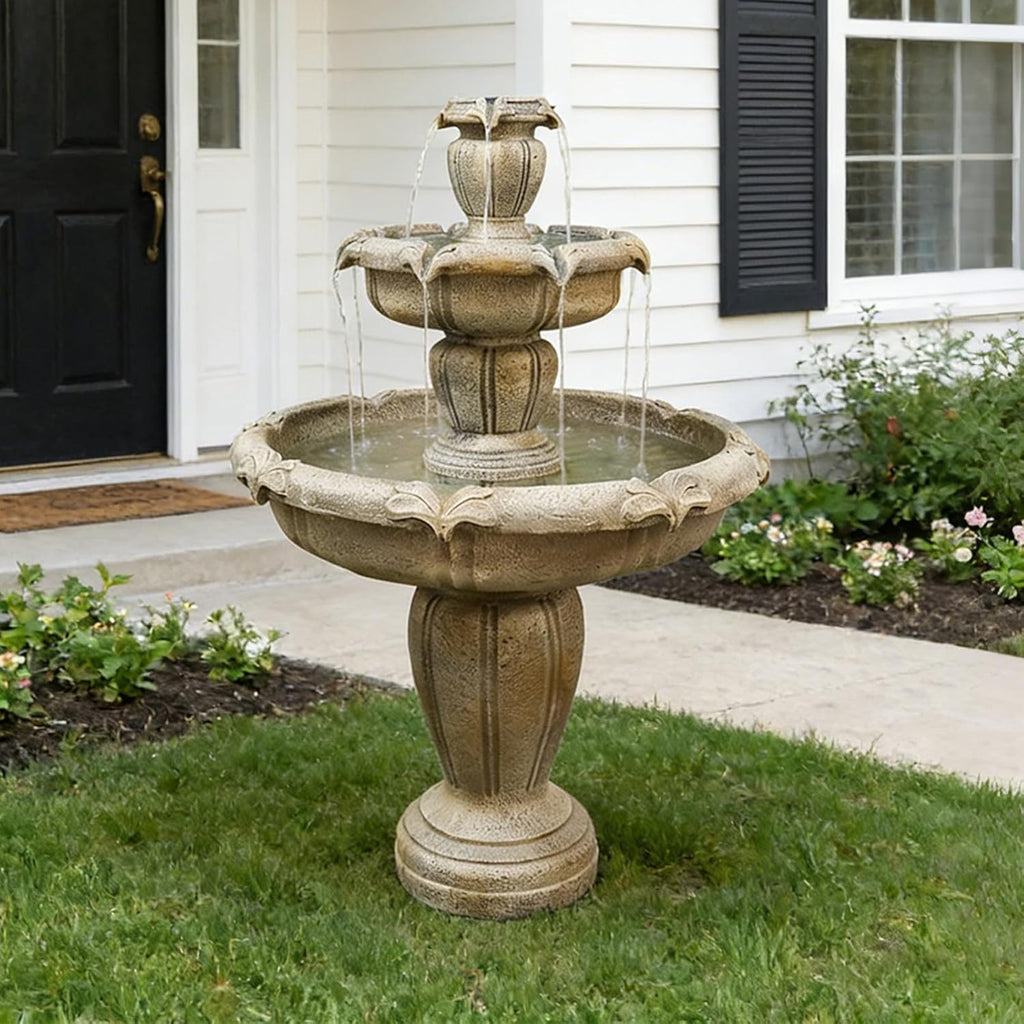 48" Water Fountain Outdoor - Large Waterfall Fountain Outside, 3-Tiers Cascading, Fiber Reinforced Concrete