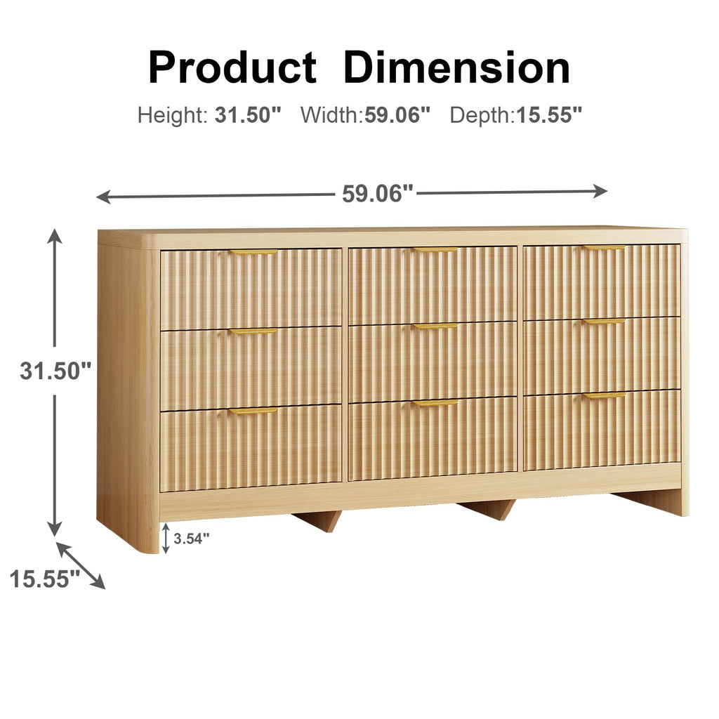 Fluted 9 Drawer Dresser, 59" Horizontal Wide Modern Low Profile Chest of Drawers with Metal Handle & Storage, Long