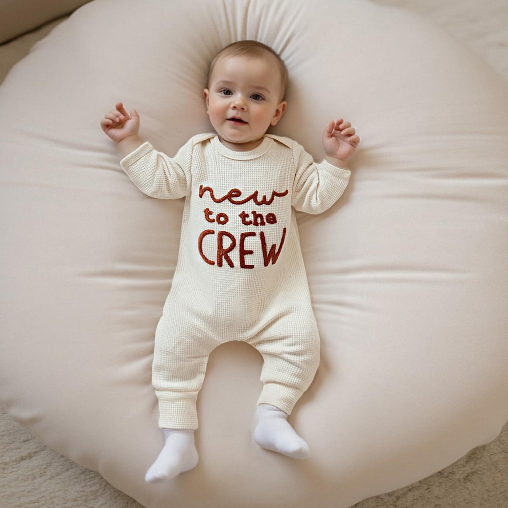 Newborn Baby Boy Fall Outfit Romper New to The Crew Long Sleeve Jumpsuit Bodysuit Infant Winter Waffle Clothes