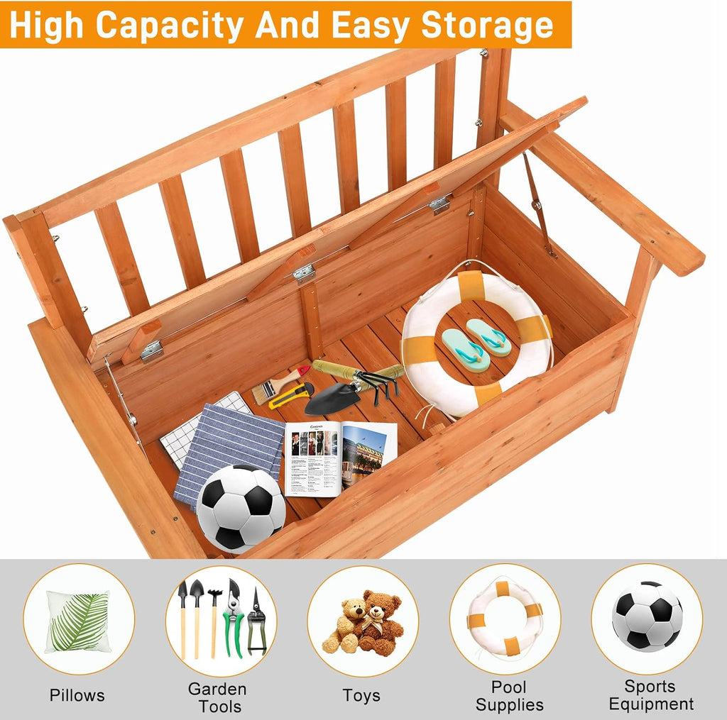 Outdoor Wood Storage Bench, Deck Box Loveseat, Natural | Waterproof Patio Organizer Provides Seating and Storage for