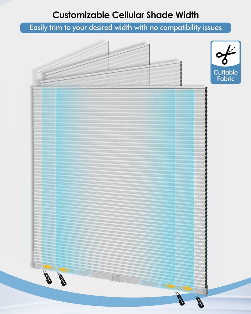 No Drill Cellular Shades, Trim-to-Fit Blackout Cordless Honeycomb Blinds | Easy Install Window Shades, Thermal