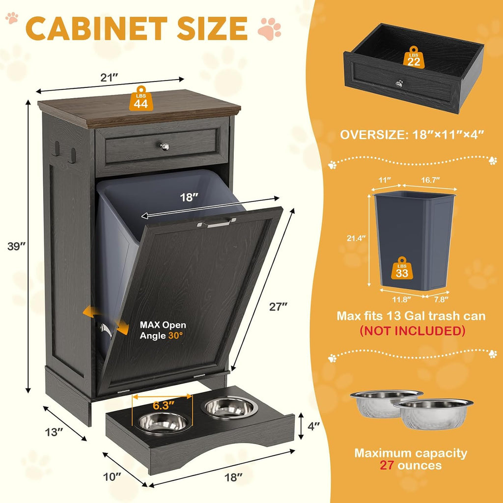 21''W Dog Feeding Station with Storage, Tilt Out Dog Food Cabinet with Drawer, 2 Feeding Bowls, Pet Food Storage, Cat