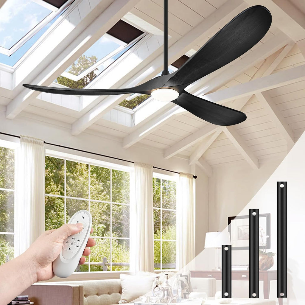 Inspired Maverick Style 52" Wood Ceiling Fan with Light and Remote, 3 Matte Black Blades, Reversible DC Motor, Indoor/Outdoor - Matte Black