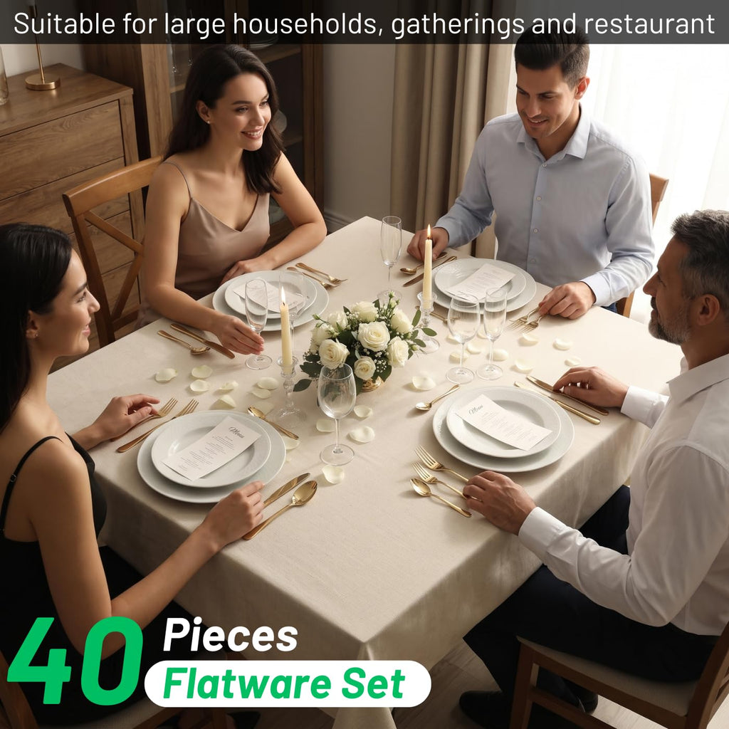 40pcs Champagne Gold Silverware for 8, 18/0 Stainless Steel Flatware