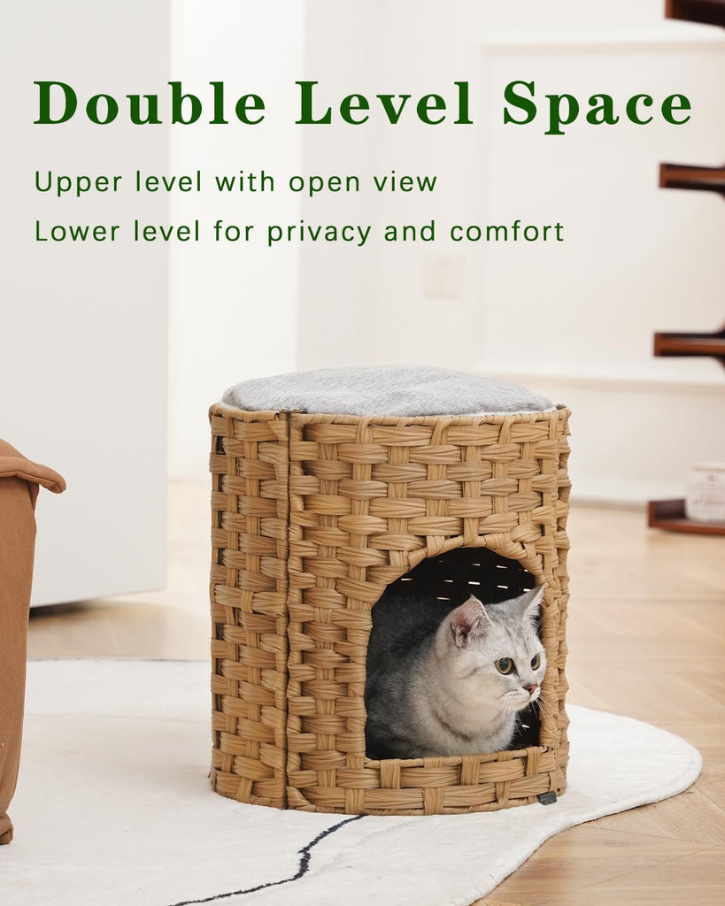 Cat House for Indoor Cat, Small Handwoven PE Rattan Kitten Cave