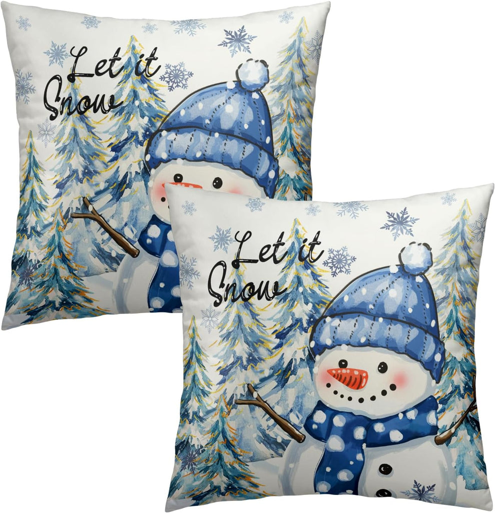 Winter Throw Pillow Covers 18x18 Inch Snow Snowman Pine Trees Holiday Cotton Hidden Zipper Pillowcases - Set of 2
