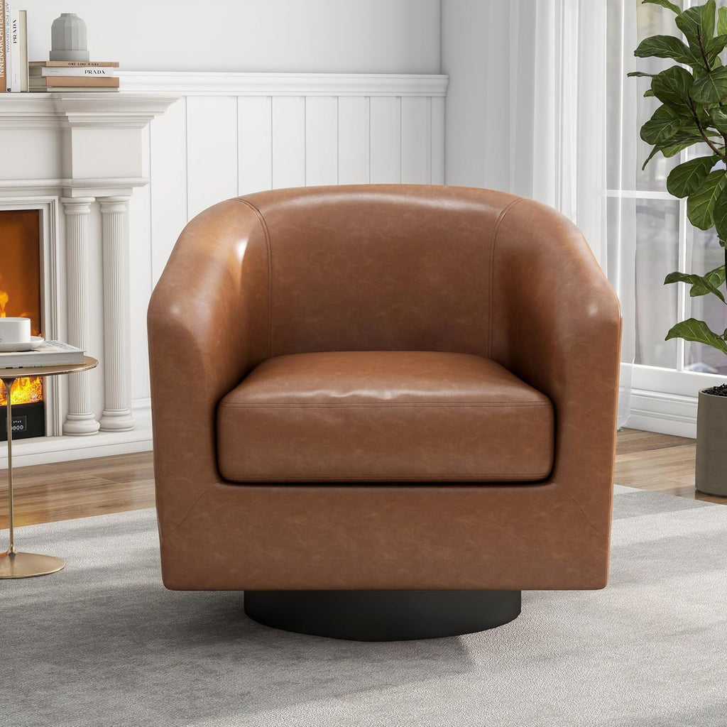 Faux Leather Swivel Accent Chairs, Barrel Armchair, Brown - Set of 2