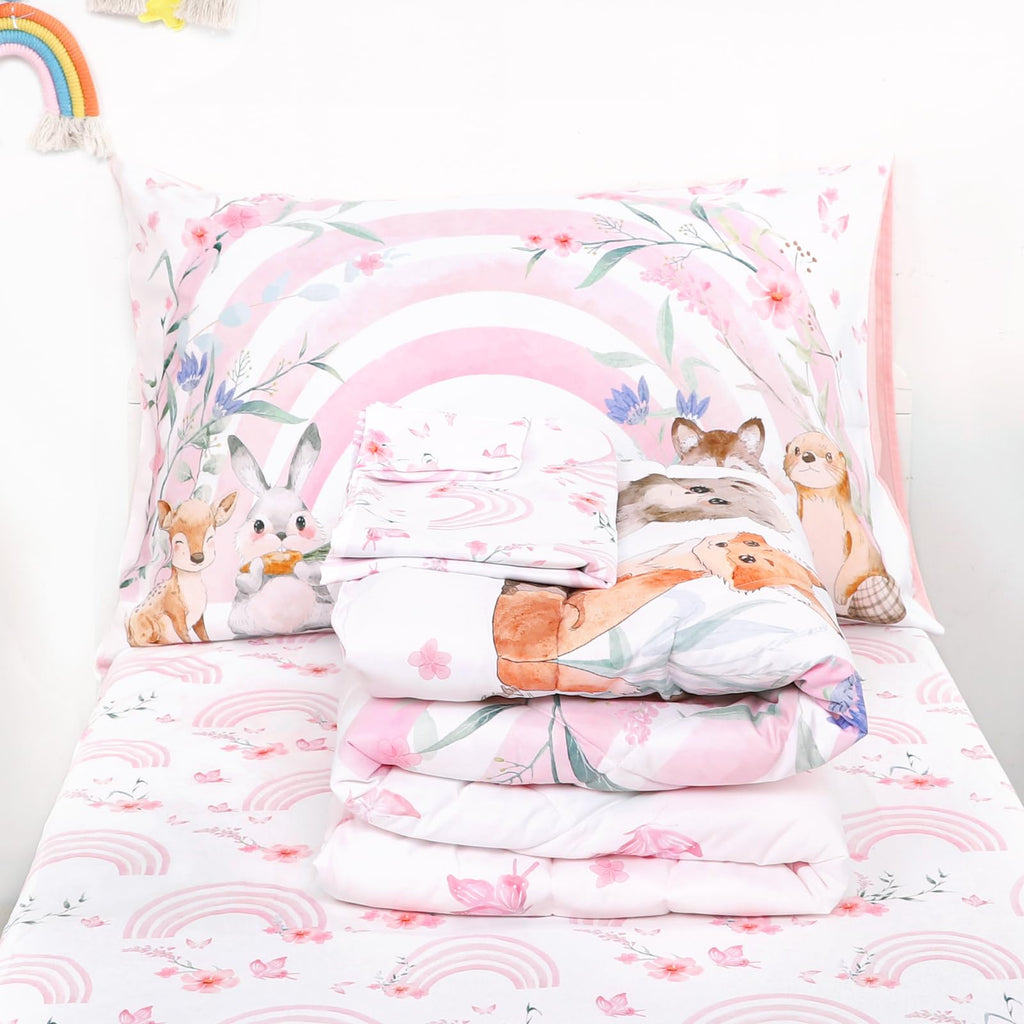 Toddler Bedding Set for Girls - 4 Piece Rainbow Toddler Comforter Set Includes Fitted Sheet, Comforter, Pillowcase &