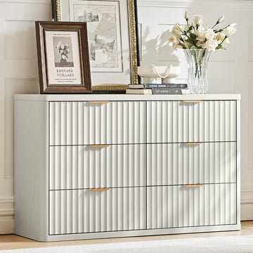 Fluted 6 Drawers Dresser, 48" Wide Modern Chest of Drawers with Wood Grain Top, Curved Profile Design, Dresser TV