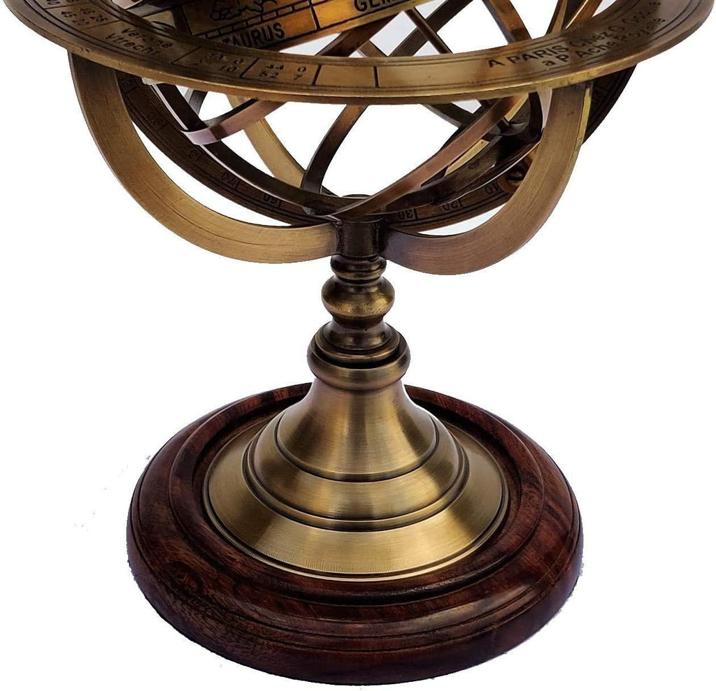 Antique Brass 11" Armillary Sphere Globe Astrolabe Zodiac Engraved Celestial Globe Wooden Base