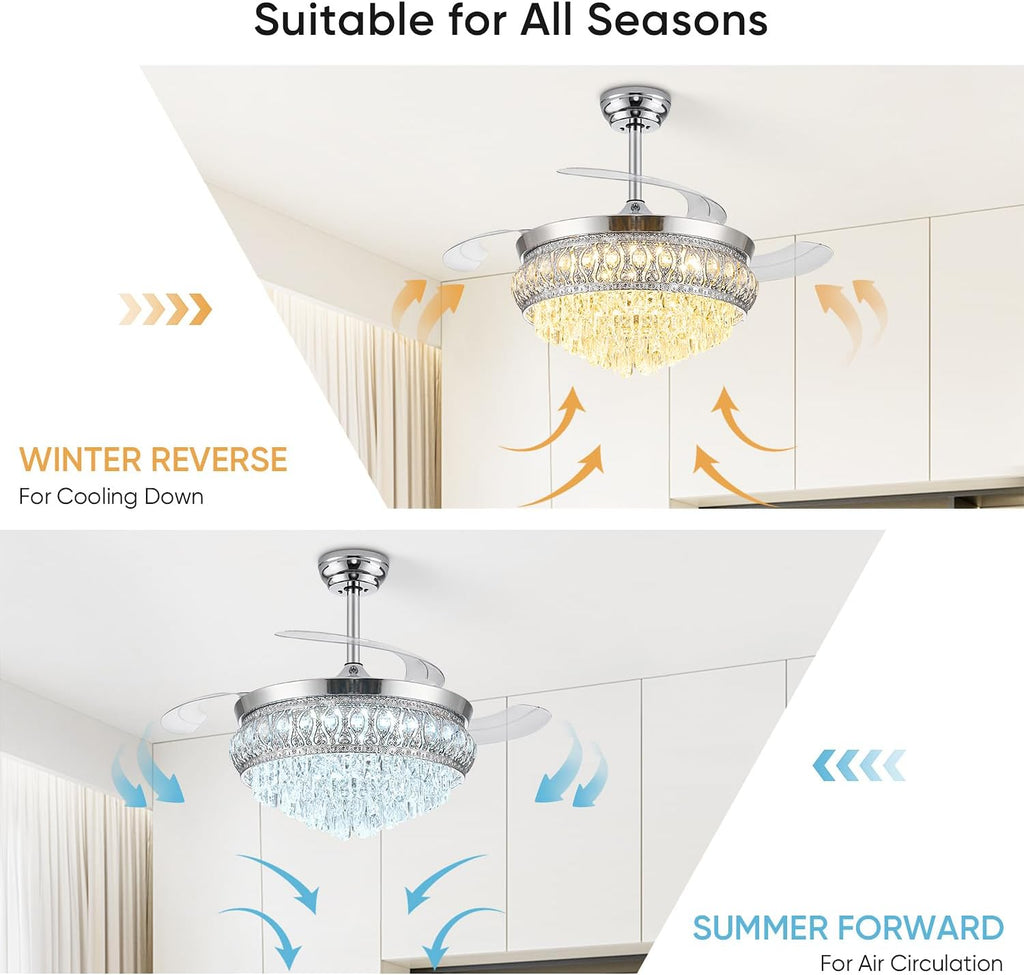 42" Fandelier Ceiling Fan with Light, Crystal Retractable Ceiling Fan with Lights and Remote, Chandelier Fans