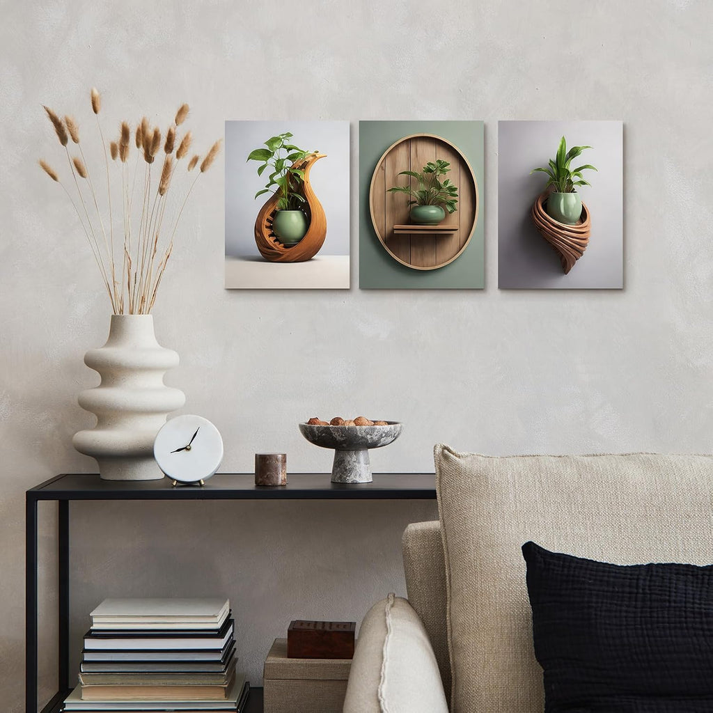 3 Piece Wall Art 16 x 20 Inches, Framed Canvas Set, Modern Botanical Vase Wall Decor Bedroom Office Hallway, Neutral
