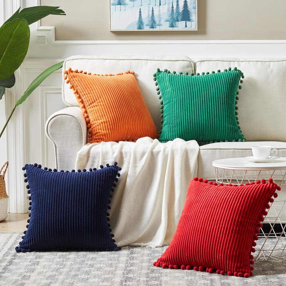 Pack of 2 Corduroy Fall Decorative Throw Pillow Covers with Pom-poms, Solid Square Cushion Case Pillow Cases Set for