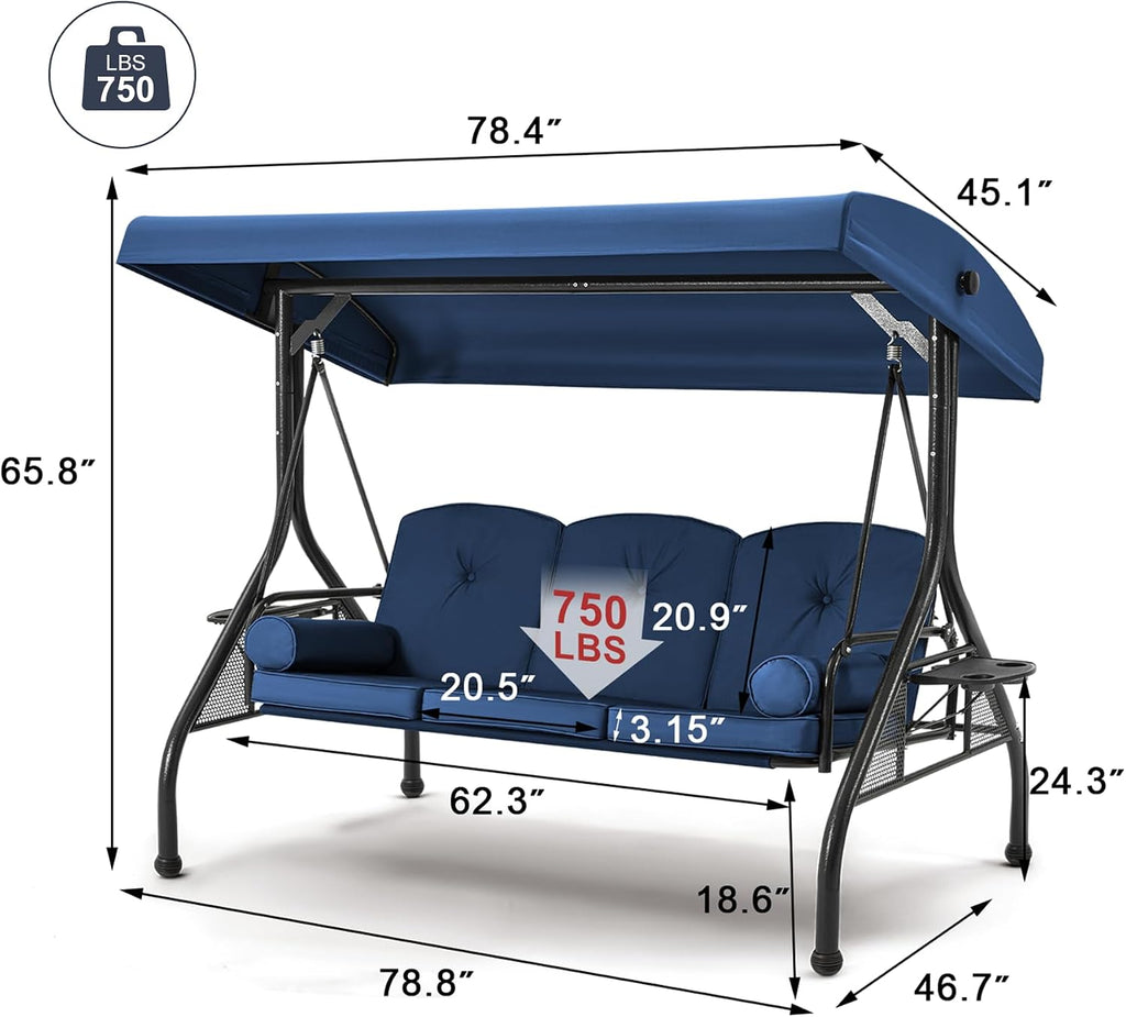3-Seat Outdoor Porch Swing with Adjustable Canopy, Convertible 2-in-1 Patio Swing Bed with Heavy Duty Stand, Glider