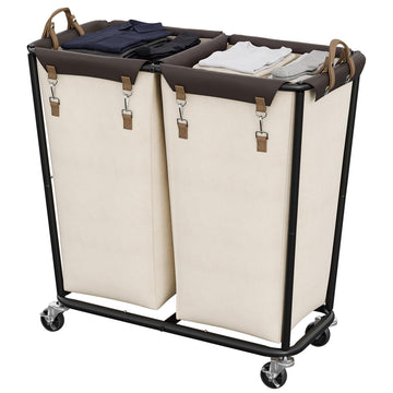 2 Section Laundry Hamper with Wheels, 280L Beige Sorter Cart