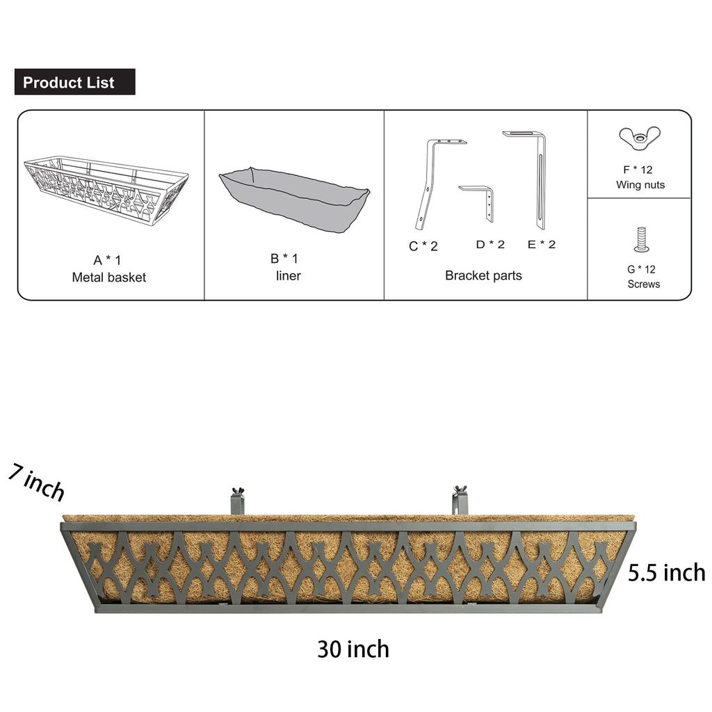 2 Pack 30 Inch Window Boxes Planters Railing Planter Box with Adjustable Brackets for Porch Fence Patio Balcony
