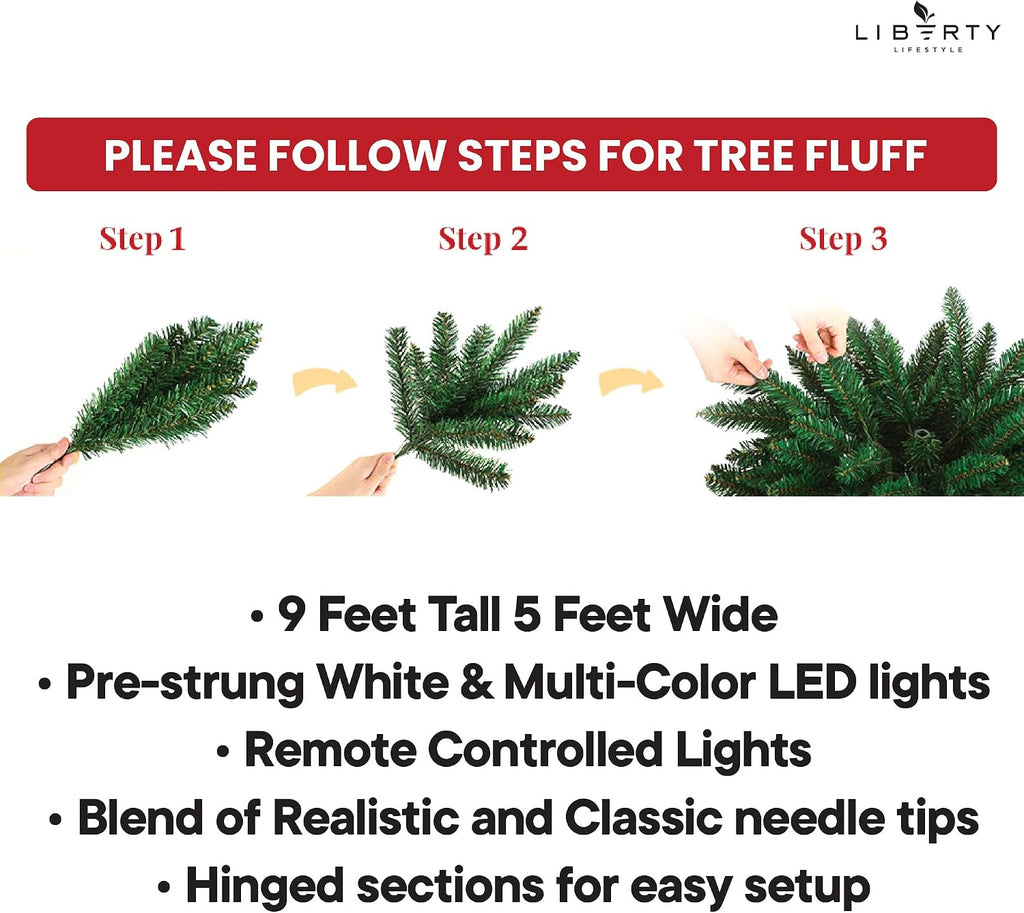 Christmas Tree 9 ft- Pre-Lit White and Multi-Color Premium LED Lights - Artificial Full Christmas Tree Includes