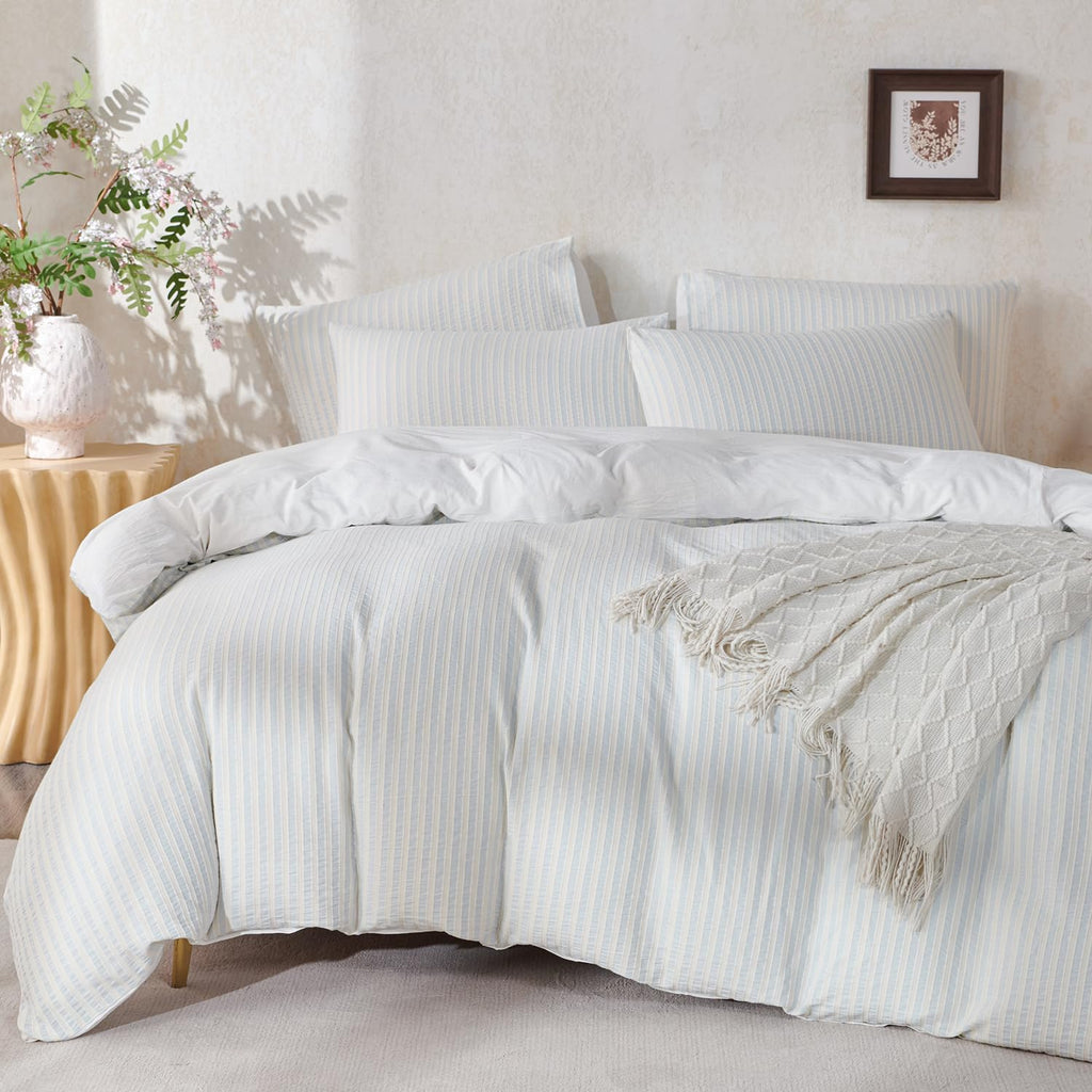 Comforter Set Light Blue Striped Soft Luxury Washed Cotton Jacquard 3 Pieces Bedding, Light Blue Vertical