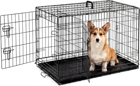 Large Dog Crate, 36 Inch Double Door Folding Metal Wire Dog Cage with Plastic Leak-Proof Pan Tray