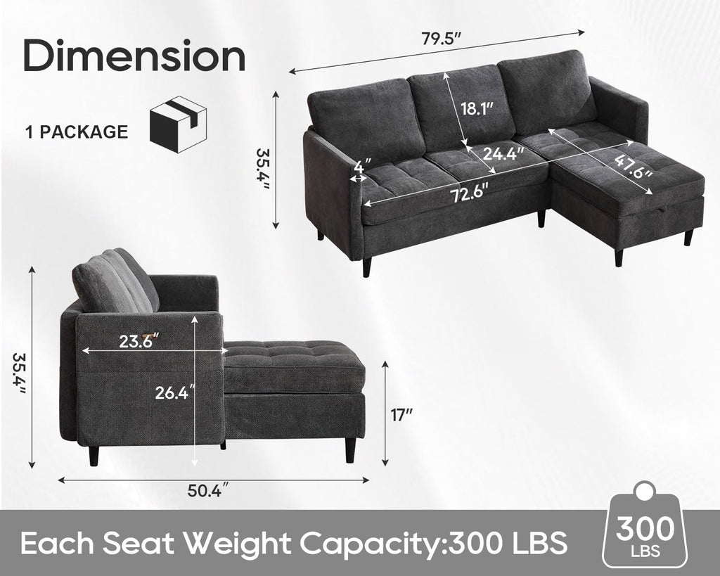 77.6" L-Shaped Sectional Couch with Storage Chaise, Convertible Sleeper Sofa Bed Modular Space-Saving with Type-C USB
