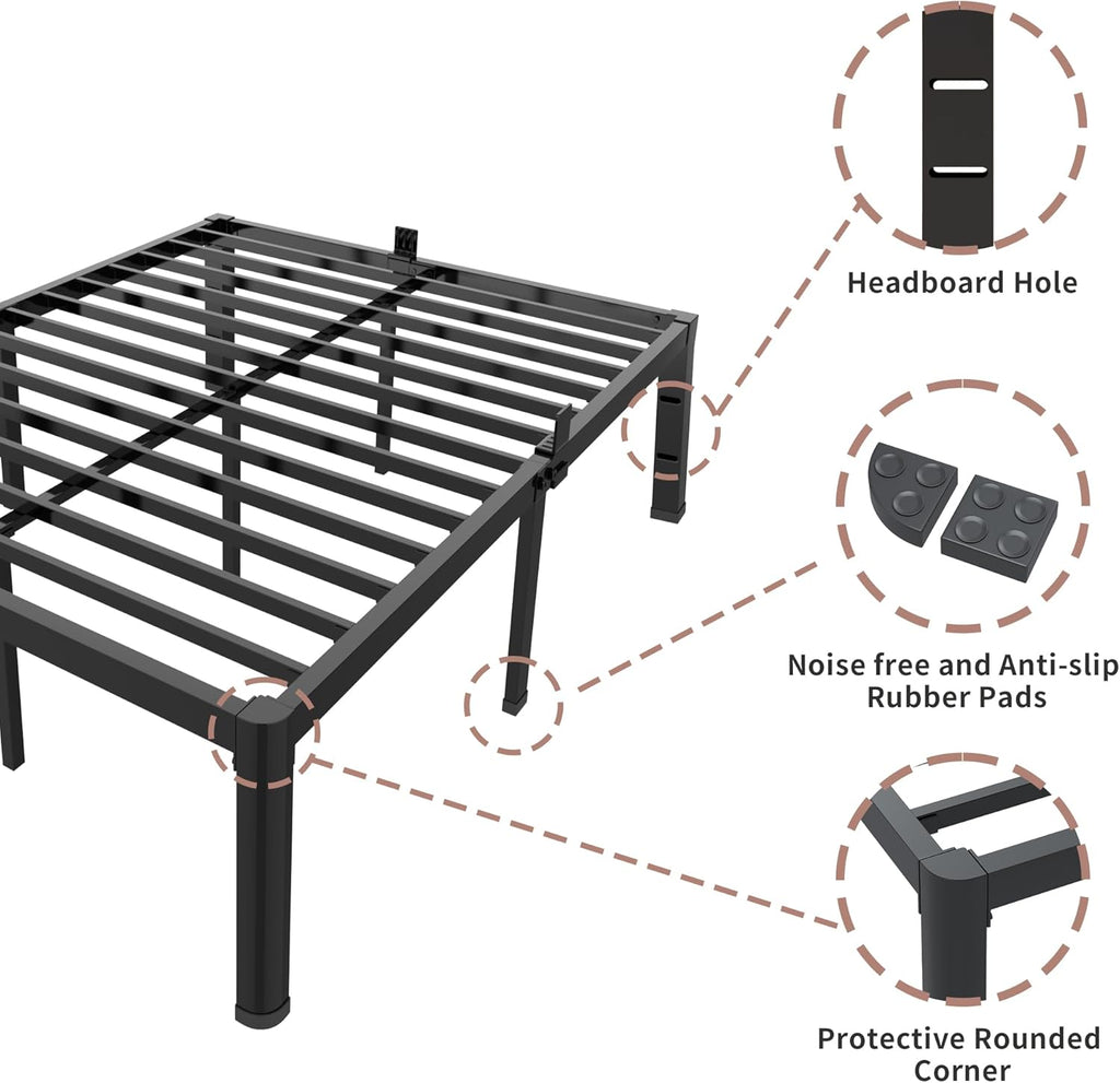 14 inch Metal Queen Bed Frame with Rounded Corner and Headboard Hole Mattress Retainers 3500LBS Heavy Duty Steel Slats