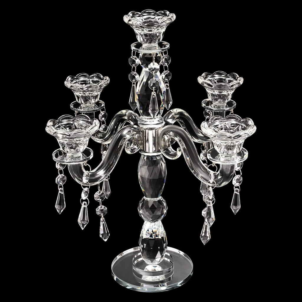 Modern Crystal Candle Holder Candelabra, 5 Arm 14 Inch Tall Clear Taper Candlestick Holders Vintage Wedding