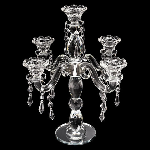 Modern Crystal Candle Holder Candelabra, 5 Arm 14 Inch Tall Clear Taper Candlestick Holders Vintage Wedding
