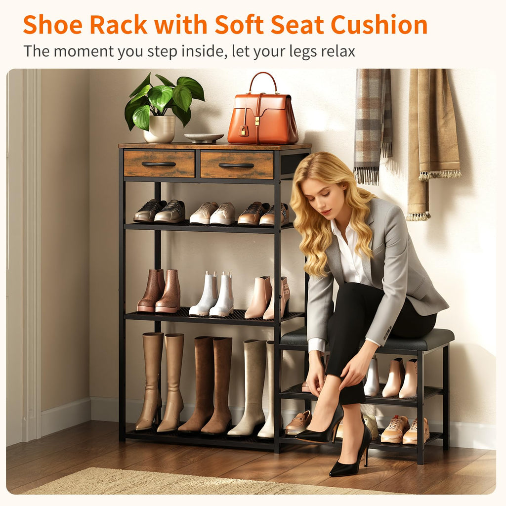Shoe Rack Bench Shoe Rack, Cushioned Entryway Shoe Storage with 2 Drawers & 5-Tier Organizer, Metal Frame Wood Top