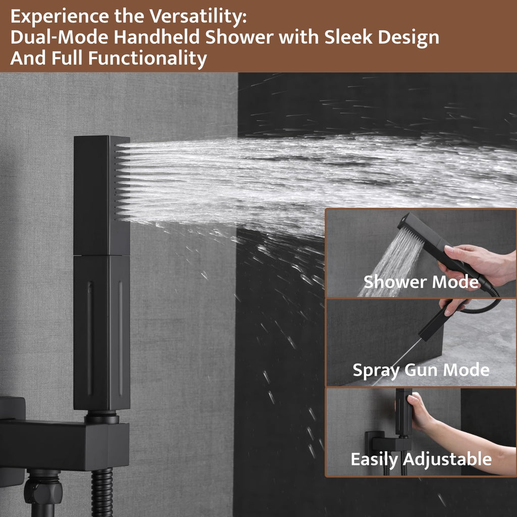 Thermostatic Shower System Matte Black, Push Button Diverter Shower Faucet with 2 in 1 Handheld, Ceiling Mount 12