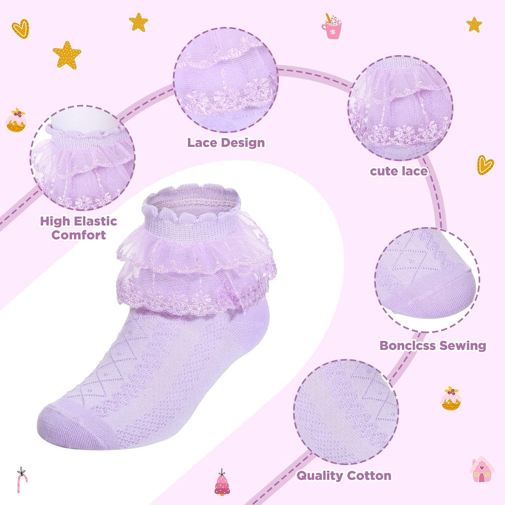 8 Pairs Toddler Girls Dress Socks - Baby Ruffle Cute Frilly Lace Cotton Teen Girl