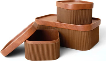 Decorative Storage Boxes with Lids Faux Leather, Brown 3 Pack - Set of 3
