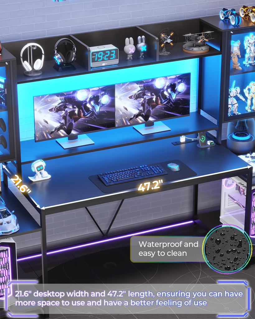 Gaming Desk 75'' with LED Lights, Hutch and Storage Shelves, Black | Computer Desk with Monitor Stand, Large PC Gamer