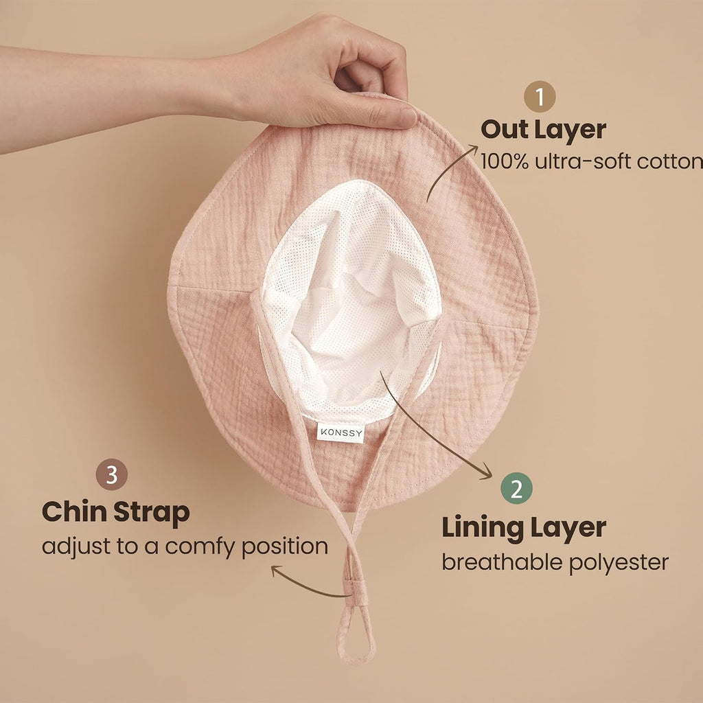 Pack Muslin Baby Girl Sun Hats with Wide Brim, UPF 50+, 0-6