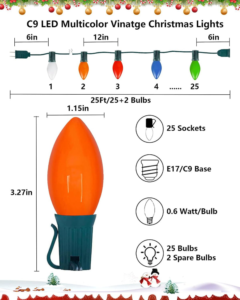 Christmas Lights Outdoor 25Ft C9 LED Vintage Christmas Lights with 27 LED Multicolor Ceramic Glass Bulbs(2 Spare)