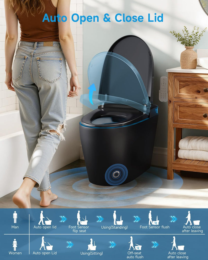 Black Smart Toilet with Bidet Built In, Auto Open/Close Lid, Heated Seat, Warm Wash & Dryer, Night Light