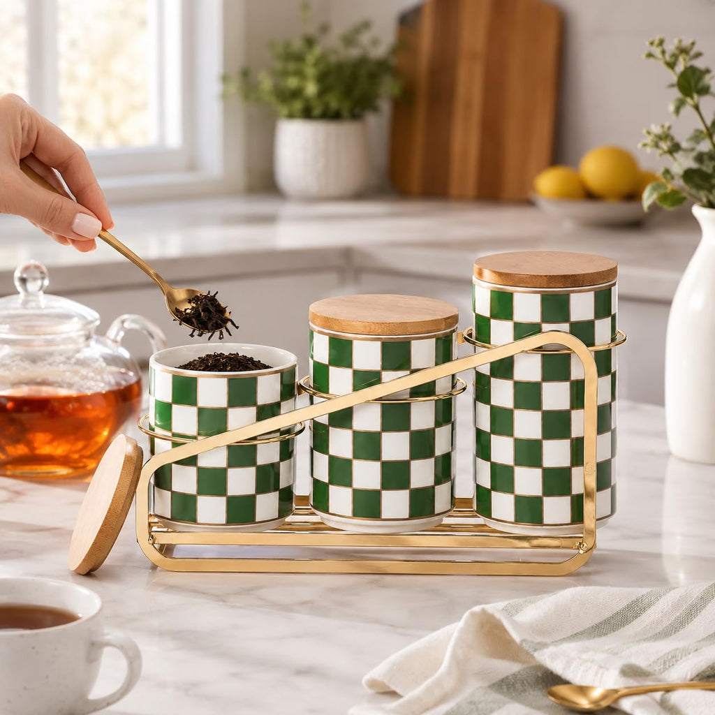 Kitchen countertop ceramic grid pattern airtight jar set - a set of 3 kitchen jars with layered shelves, sealed