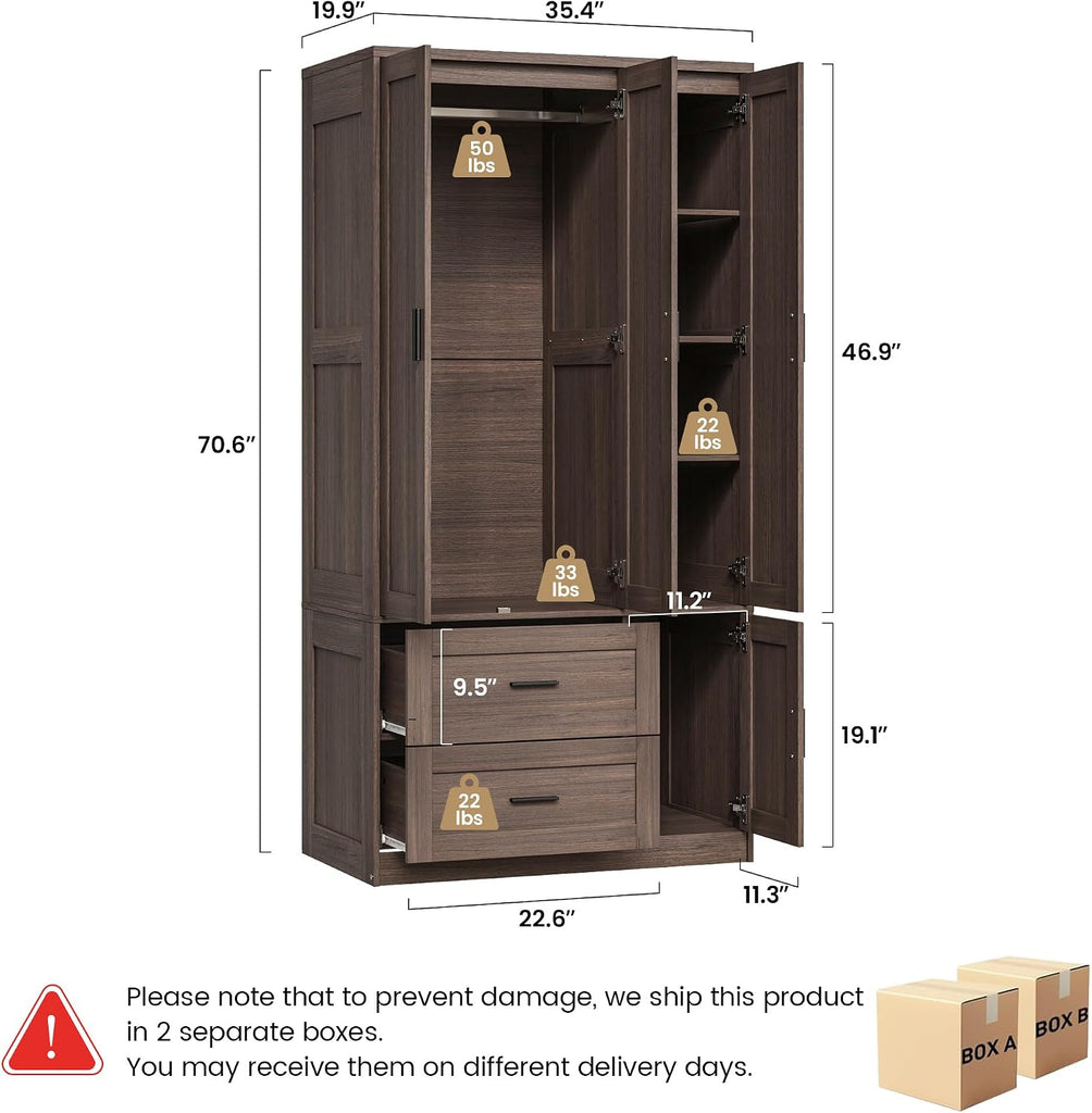 70.6 Inch Armoire Wardrobe Closet with Drawers (Dark Walnut) | Freestanding engineered wood armoire with a hanging