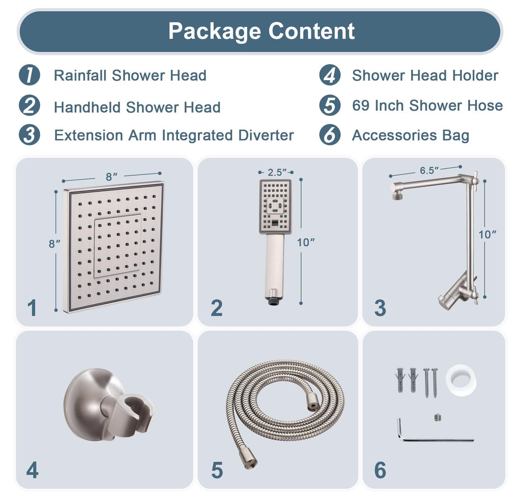 High Pressure Rain Shower Head Combo with Double Extension Arm, 8 Inch Rainfall Shower Head with Handheld Spray