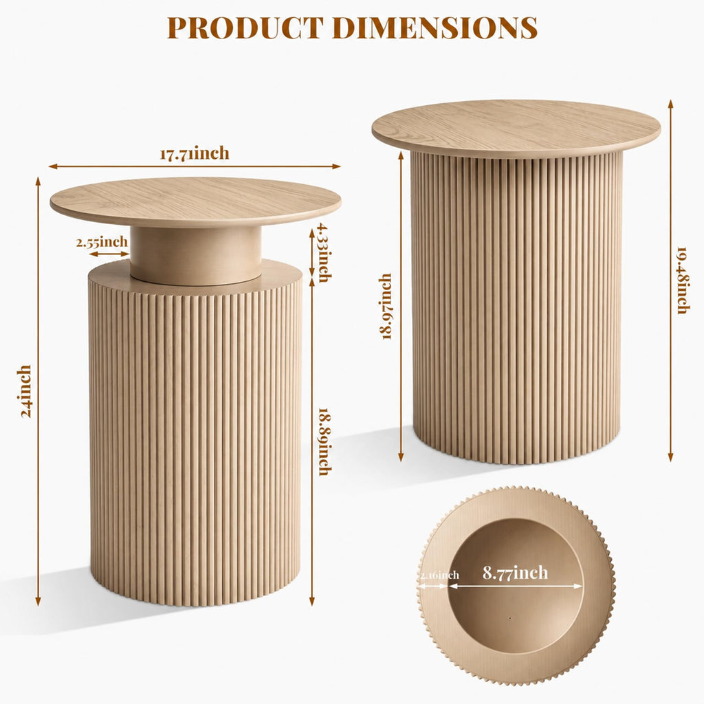 24" Fluted End Table Reversible, Hidden Storage, Natural Oak