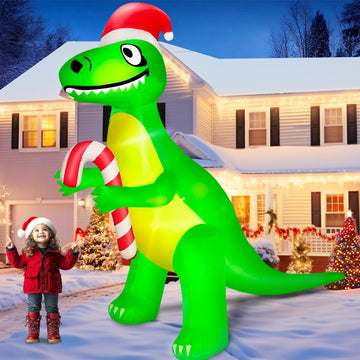 12 Ft L x10 Ft Ht Giant Christmas Inflatable Santa Dinosaur Candy Cane Build-in LED Lights Christmas Blow up Yard