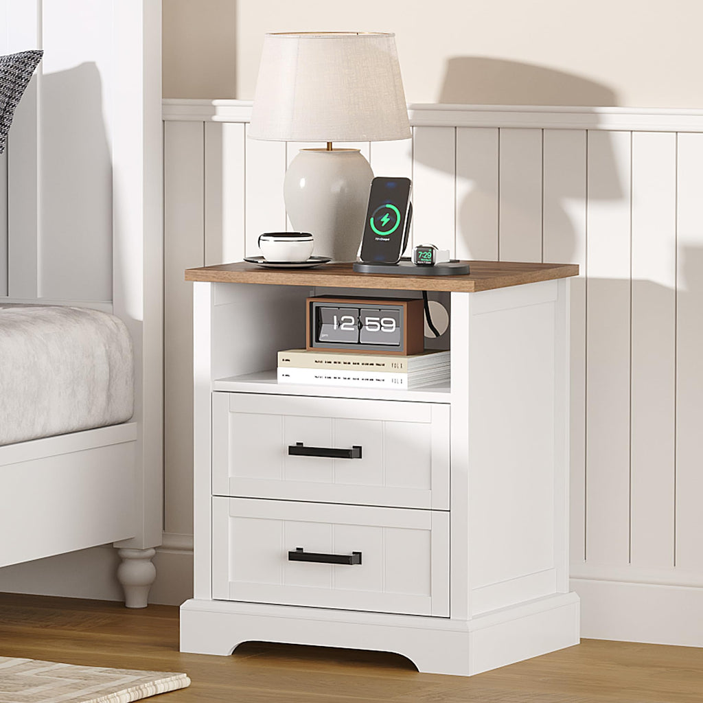 Farmhouse Night Stands with Charging Station 2 Drawers