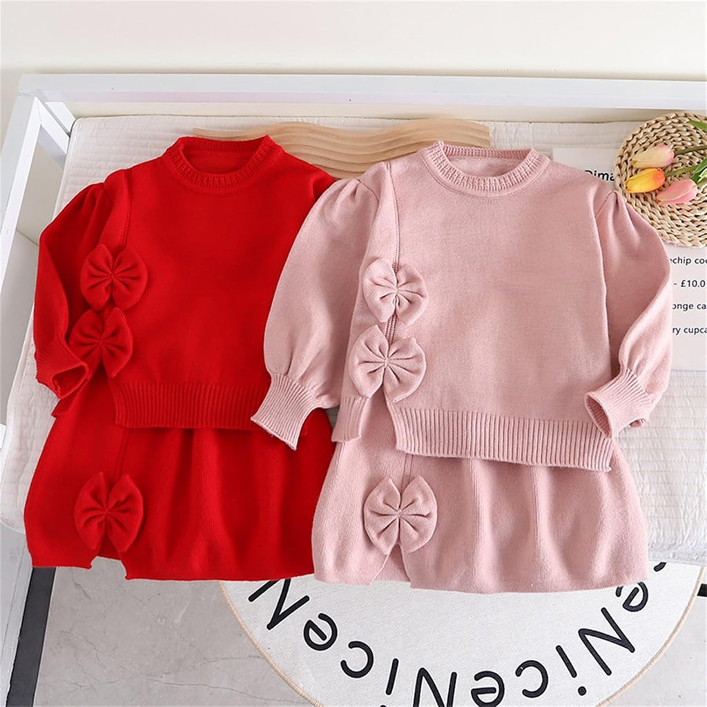 Infant Toddler Girls Long Sleeve Sweet Bow Sweater Two Piece Set Fashion Preppy Knit Two Dresses Baby (RD1, )