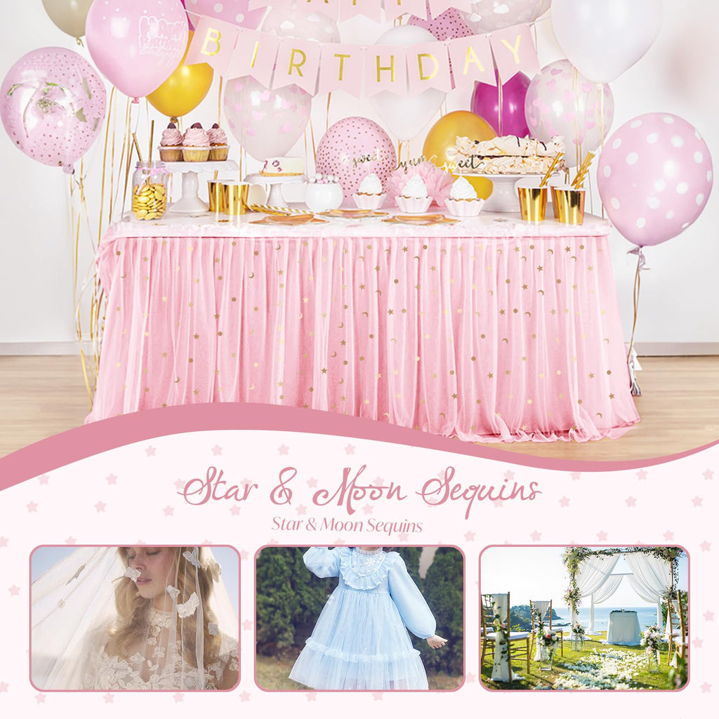 Light Pink Glitter Tulle Fabric Rolls, 3 Yard, Star & Moon Sequin