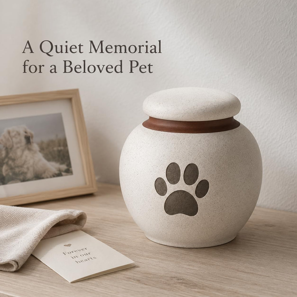 Small Pet Urn for Ashes, Dog Urn and Cat Cremation Urn, White Ceramic Paw Print Memorial Keepsake Urn