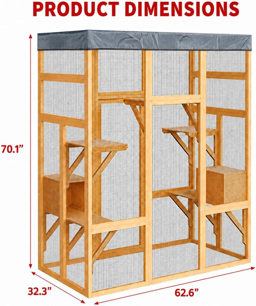 70" Outdoor Catio Cat Enclosure, Large Cat House, Wooden 5-Platform