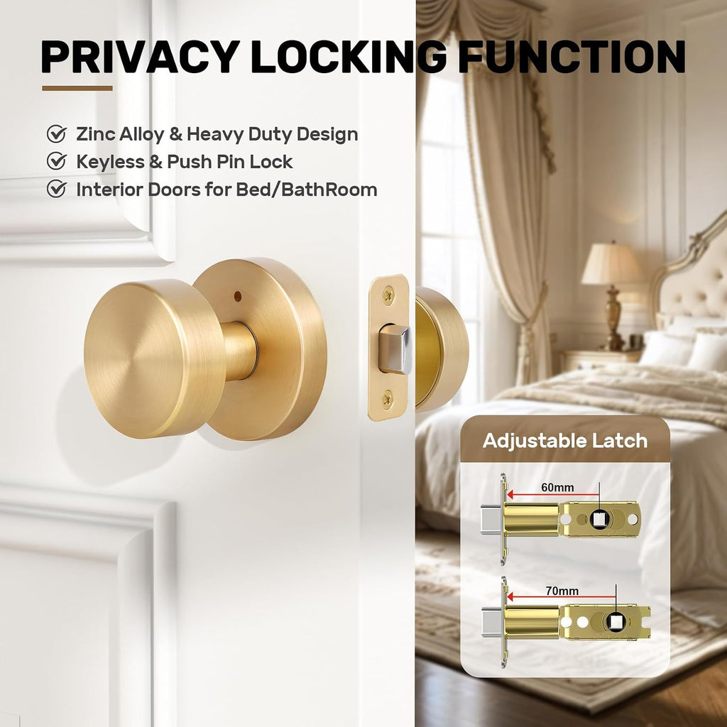 Satin Brass Door Knob Interior Privacy Door Knobs with Lock, Brushed Brass Door Knobs Modern Round Gold Door Handles