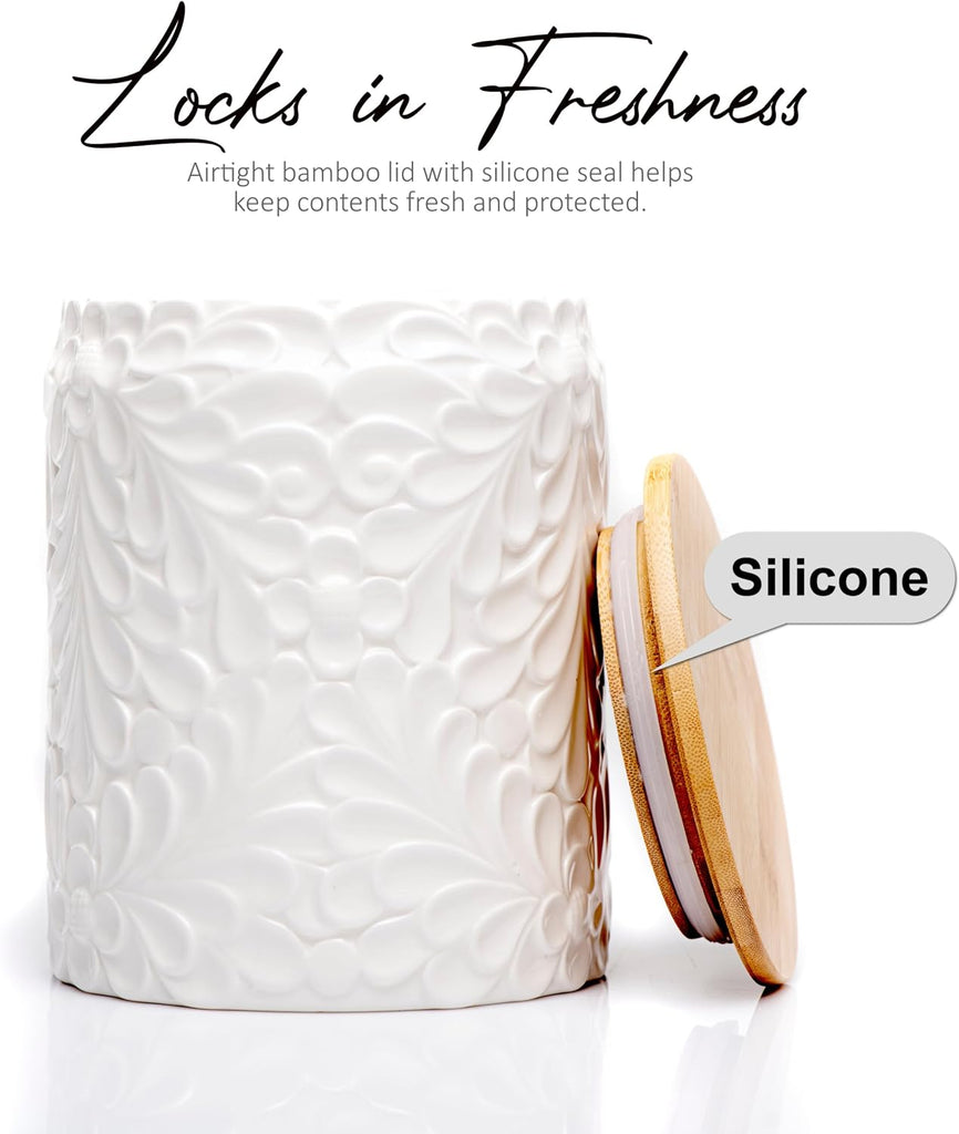 Small 30 Oz Engraved Ceramic Kitchen Canister, Airtight Bamboo Lid
