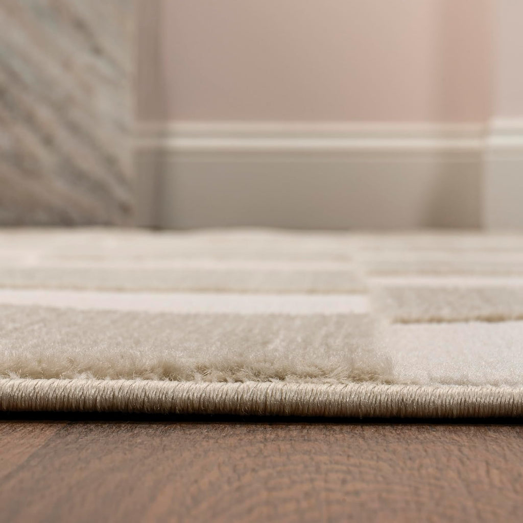 Checkerboard High-Low Runner Rug 2X8 Beige/Cream, Thea Modern Geometric, Easy-Cleaning, High Traffic, Pet-Friendly
